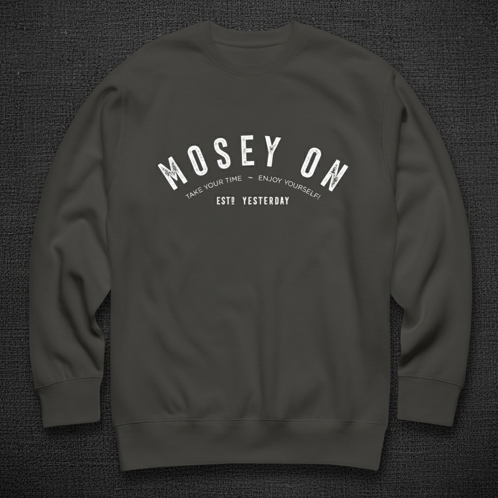 Dark gray sweatshirt with 'MOSEY ON' text on a white background